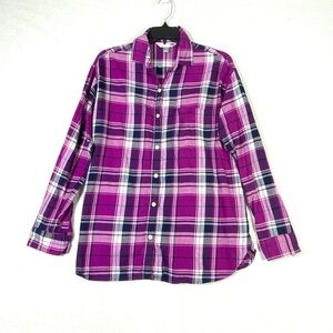 Old Navy Boyfriend Plaid Flannel Women's M Purple Button Down Pocket Relaxed Fit